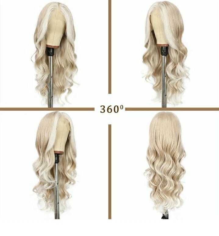 HD Lace Front Wig Human Hair Blend Highlights Platinum Ash blonde Money Peices - Image 2 of 4