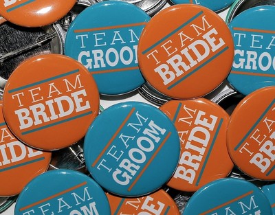TEAM BRIDE TEAM GROOM Orange Teal Wedding Buttons Pinbacks Badges - 100 Pack
