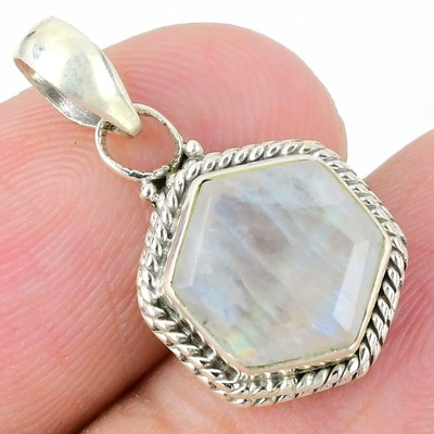 Natürlicher Regenbogen Mondstein Massiv Silber Krone Chakra Handarbeit Anhänger Schmuck