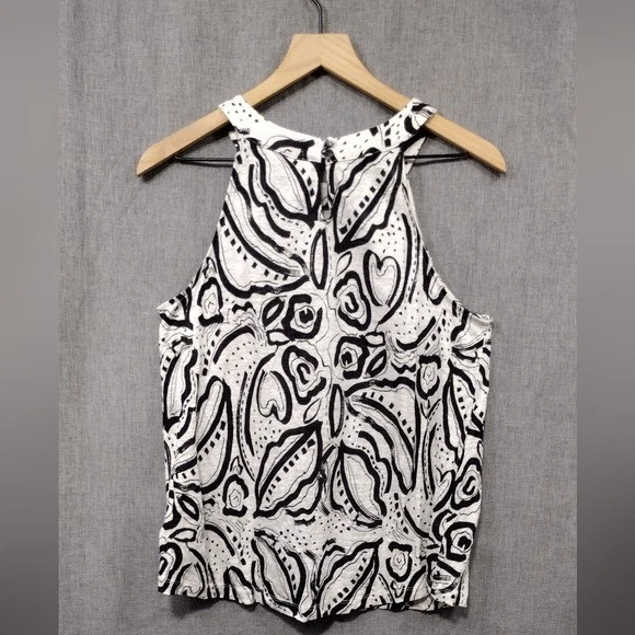 C&C California 100% Linen Geometric Tank Shirt Women's L Black White Boho Retro - Image 4 of 4