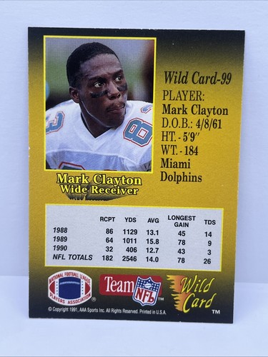 Comodín Mark Clayton 1991 100 rayas Miami Dolphins - Imagen 2 de 2