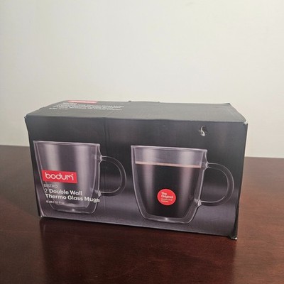 BODUM Bistro Double Wall Thermo Glass Mugs 15oz Set Of 2 Coffee Tea Cups