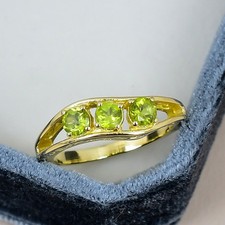 Natural Peridot Three Stone Ring Brass Gold Plated Promise Gift for Women