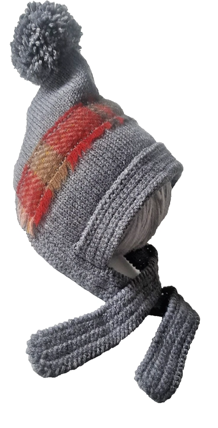 Hand Knitted Baby Bonnet 0-3Months Up to 36Months Grey Pom Pom Hat Tartan Ribbon