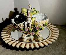 Antique Germany Sitzendorf Porcelain Centerpiece Bowl Putti Cabbage Leaves Roses