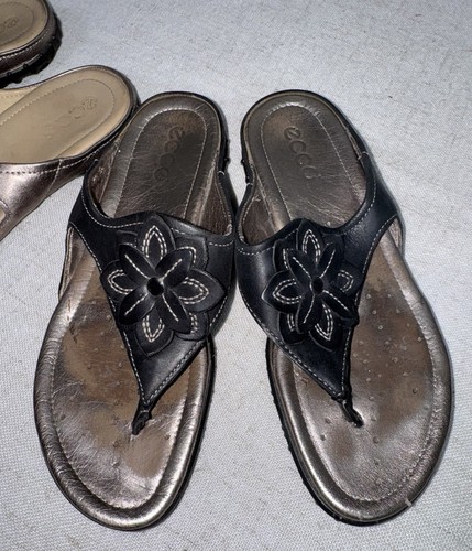 Ecco Sandals Women’s 37 6 LOT Flip Flop Thong Metallic Leather Slip On Shoes - Picture 3 of 5