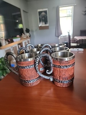 Viking Barrel Mug Rustic Medieval Feast 550ML Stainless Steel Norse Set Of 6 Cup
