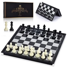 Chess Set with Folding Magnetic Travel Games Board and 2 Extra Queens for Kids