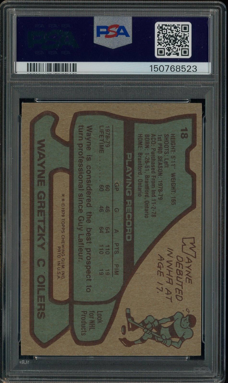1979-80 Topps Hockey #18 Wayne Gretzky Edmonton Oilers RC Rookie HOF PSA 5 EX view 3