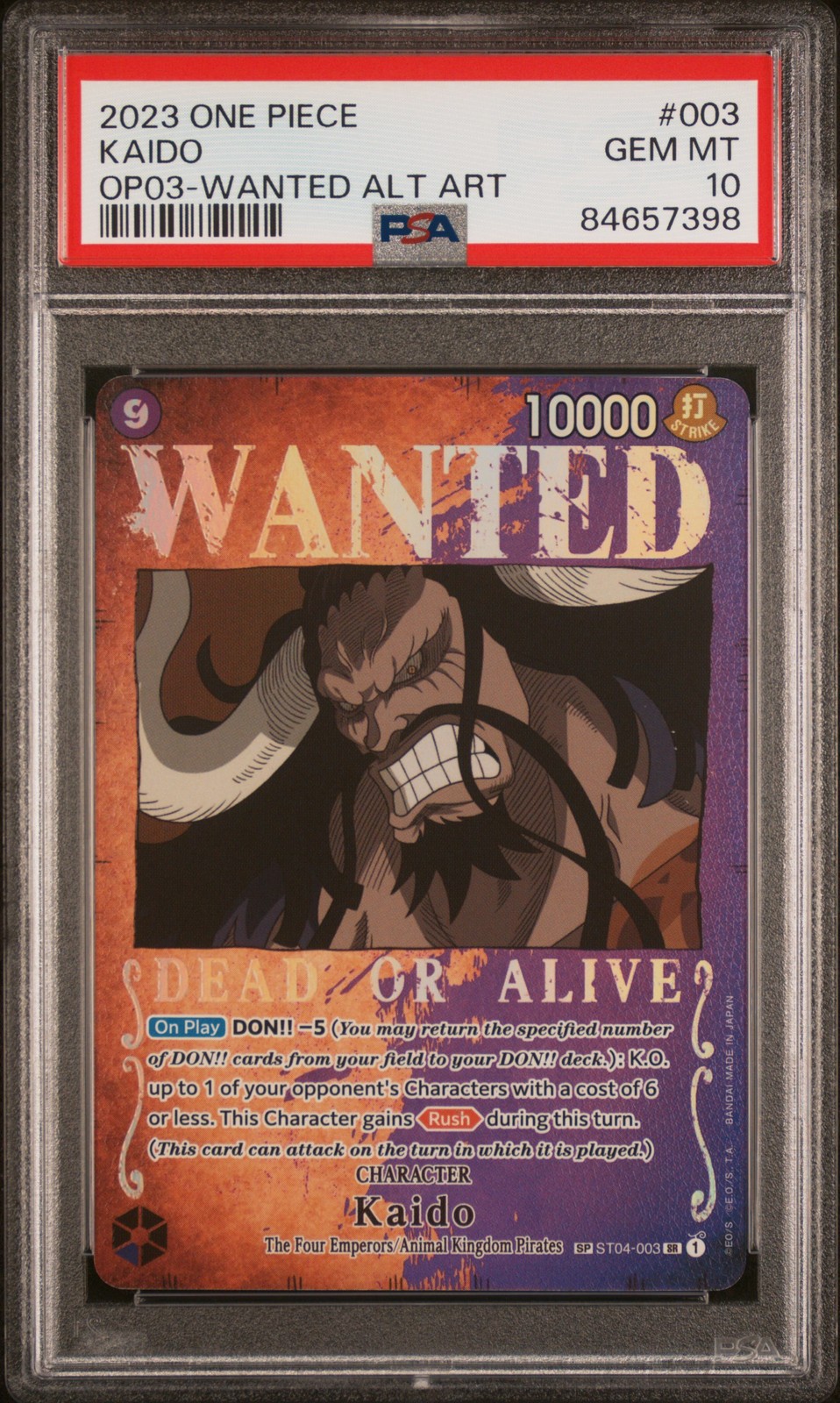 2023 ONE PIECE OP03-PILLARS OF STRENGTH WANTED ALTERNATE ART #003 KAIDO PSA 10