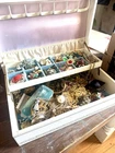 Vintage Jewelry Box Mixed Lot Costume Jewelry Brooches Chains Cameo