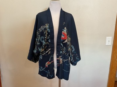 Vintage Japanese Open Front Silk Crane Kimono Jacket  Sz S