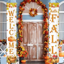 Hello Fall Porch Banner Autumn Harvest Hanging Banner Pumpkin Front White