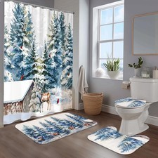 4 Pcs Christmas Shower Curtain Set, Waterproof Fabric Curtain with 12 Hooks, ...