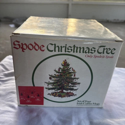 Spode Christmas Tree 4 Irish Coffee Mugs Pedestal  Original Box