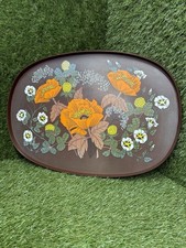Vintage Serving Tray 1970s Orange Brown Large Floral Plastic Drinks Retro Bar