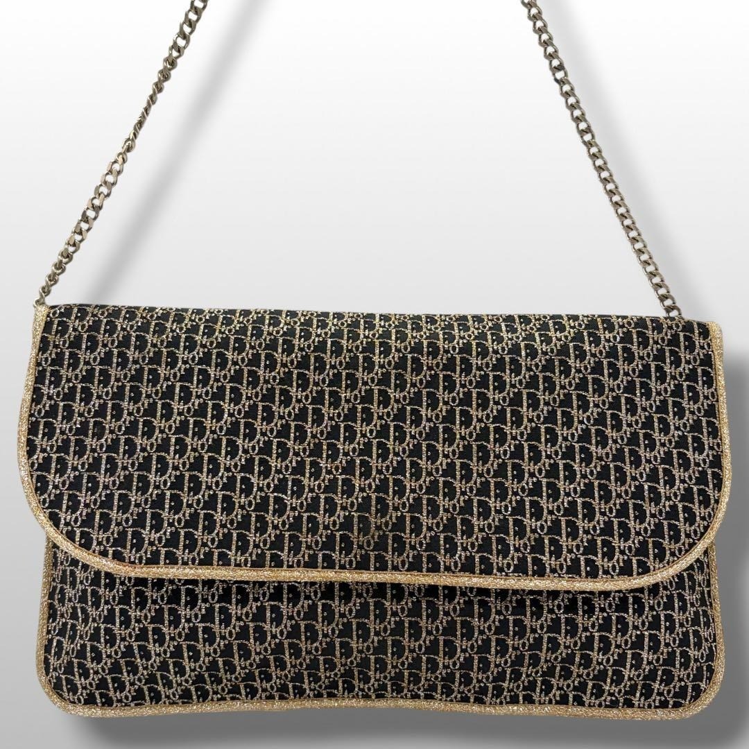 Christian Dior Trotter Chain Shoulder Bag Black Canvas Gold Vintage Auth
