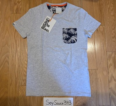 NEW MEN'S SUPERDRY FESTIVAL POCKET AOP PALM TREES GREY NAVY TEE SHIRT SIZE SMALL