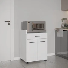 Glover Kitchen Cart With Casters, Open Shelves, Drawer And Cabinet Storage