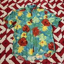 Vintage Jams World Rayon Hawaiian Shirt Mens Large Royal Hibiscus Used 90s