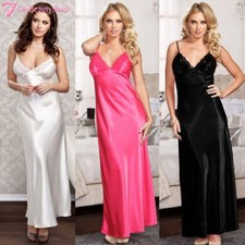 Women's Satin Silk Lace Robe Dress Sleepwear Lingerie Long Nightdress Nightgown