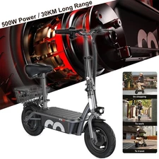 Electric Scooter with Seat & Basket 10" Soft Tires Foldable E-Scooter Commuter