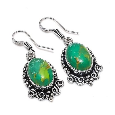Green Copper Turquoise Gemstone 925 Sterling Silver Jewelry Earring Size 1.5''