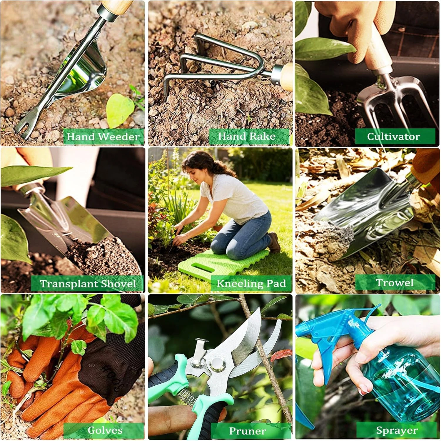 11-Piece Heavy Duty Stainless Steel Gardening Hand Tool Set with Floral Tote Bag
