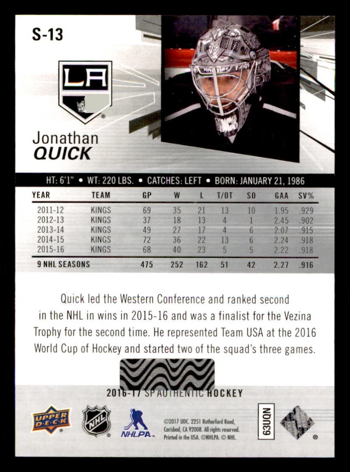 2016-17 SP Authentic Spectrum FX #S13 Jonathan Quick - Image 2 of 2