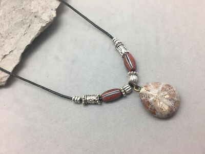 Fossil Sea Urchin Polished Stone Necklace Leather Slide Cord African Trade Beads