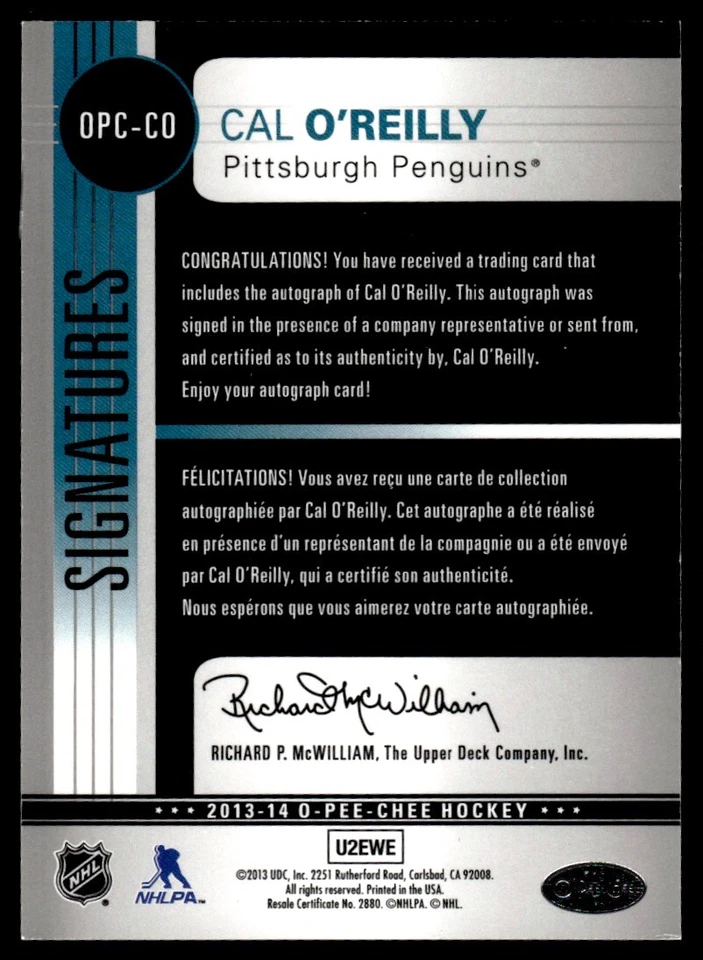2013-14 O-Pee-Chee Signatures Cal O'Reilly Auto Pittsburgh Penguins #OPC-CO - Image 2 of 2
