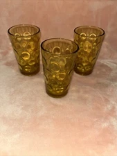 Vintage Amber Glass Set Of 3 Tumbler Juice Gold Thumbprint Dot MCM