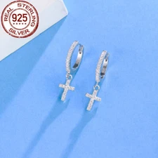 Sterling Silver 925 Cubic Zirconia S925 Cross Dangle Drop Huggie Hoop Earrings 