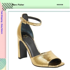 Marc Fisher Harlin Gold Leather Ankle Strap Sandals, Size 8 M