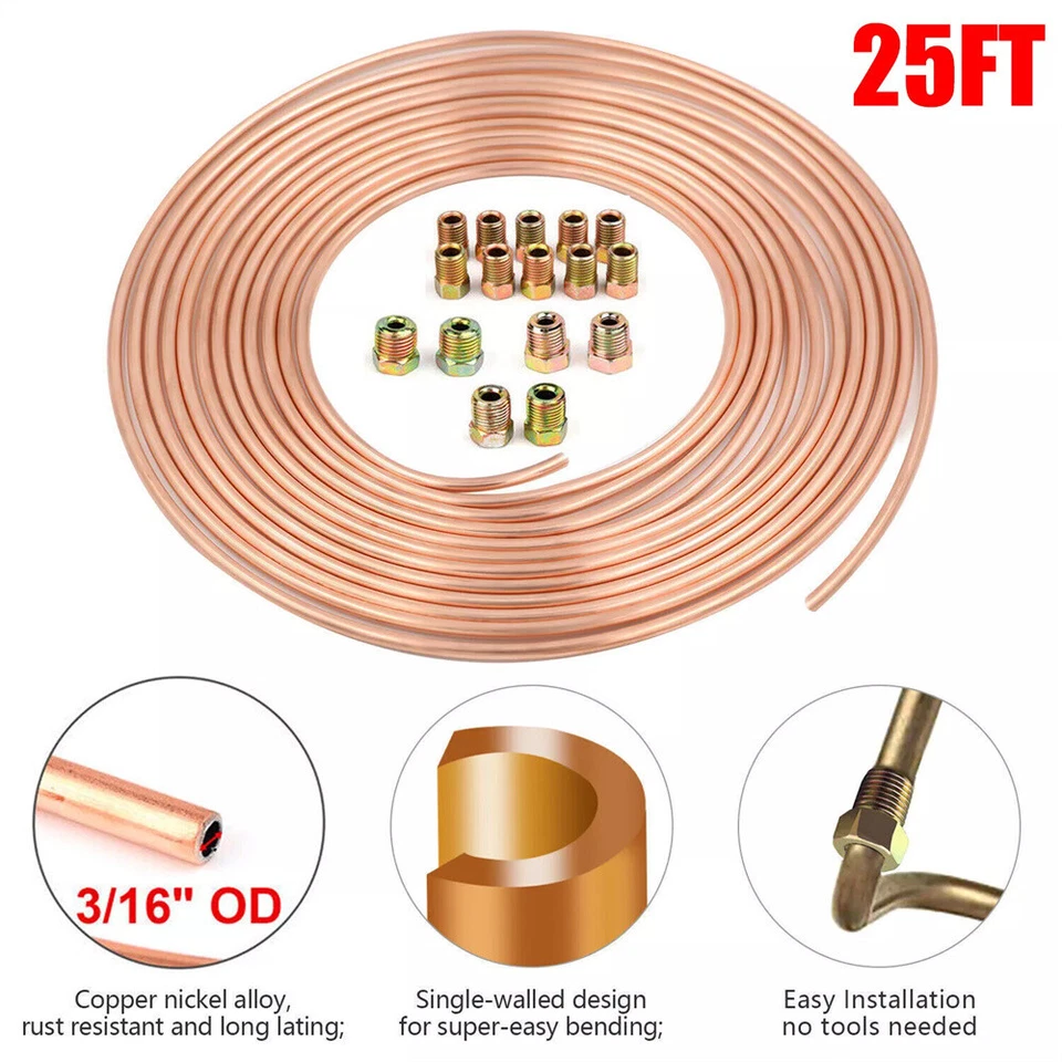 2 x Copper Nickel Brake Line Tubing Kit 3/16 OD 25 FT Coil Roll All Size Fitting - Image 3 of 4