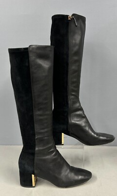 Black Tory Burch Gigi Suede and Leather Tall Boots Size Logo on Heel 