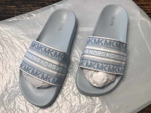 NEW Michael Kors Women's Gilmore Slides Light Blue White MK Logo Slip On Sz.7 - Picture 2 of 11