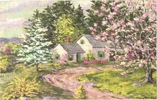 A Beautiful Painting of A Home with Colorful Trees, Art Postcard