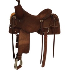 Western Brown Strip Leather Roper Ranch Saddle with Strings 15",16", 17", 18",