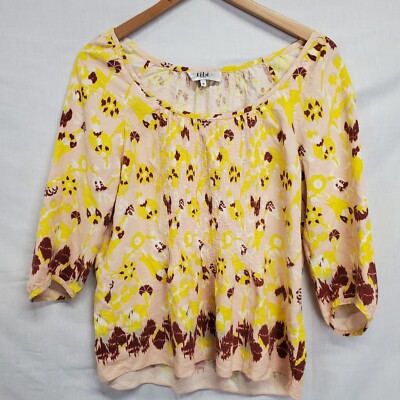 Tibi Top Size Pink Yellow Pleated Silk Print Blouse Shirt