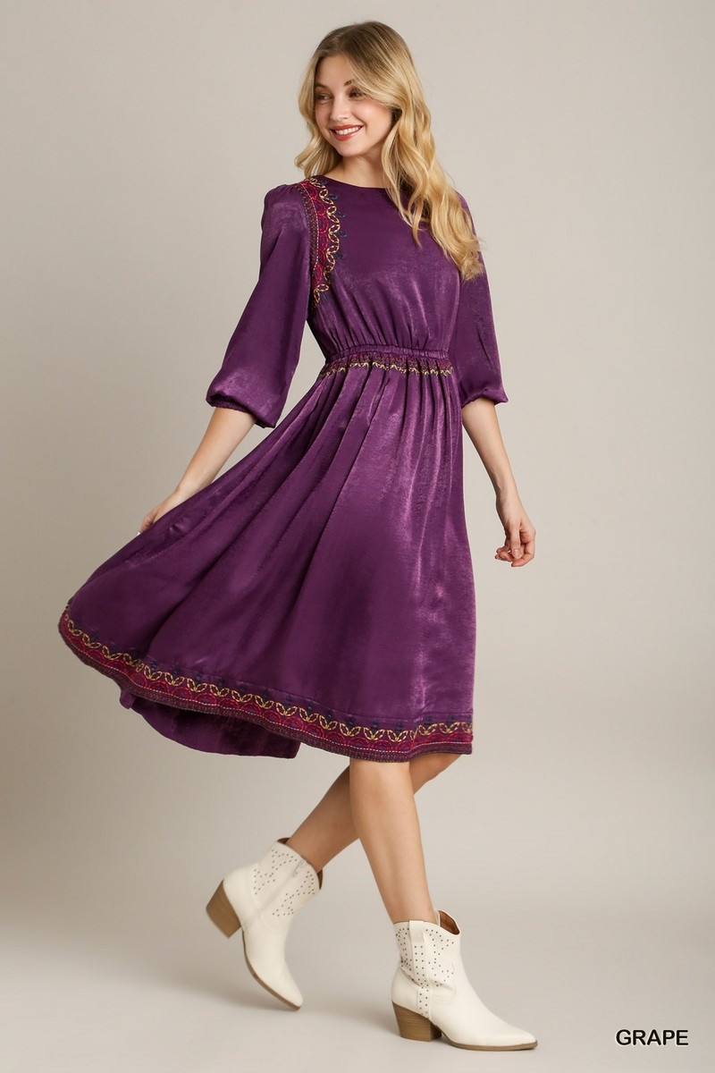 Women's 3/4 Sleeve Satin Midi Dress??Embroidered Party Sundress Dance Skater  | eBay