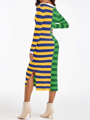 Wenrine Womens Long Sleeve Casual Striped Maxi Sweater Dress, Green Combo,  L | eBay