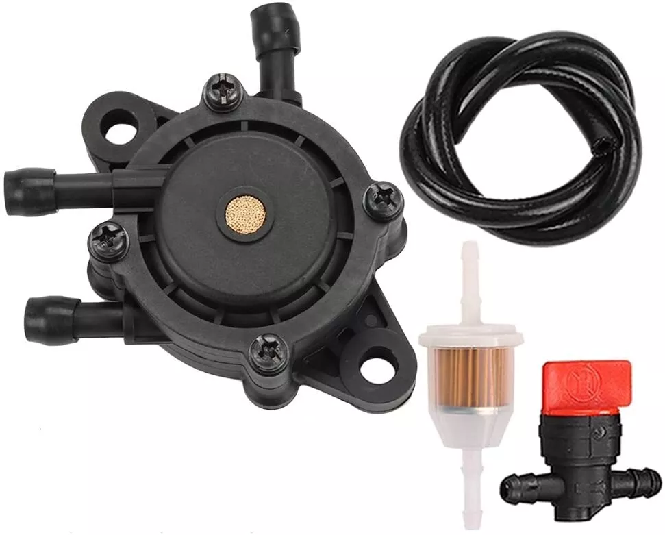 Riding lawn mower fuel pump outlet