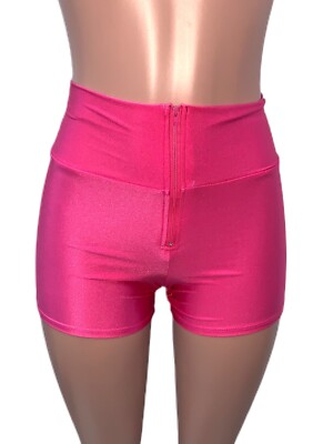 Shiny Pink High Rise Zipper Disco Hot Pants Booty Short Shorts