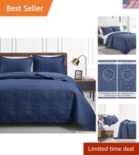 Queen Size Navy Blue 3-Piece Quilt Set with Coin Pattern - -Round Comfort