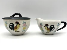 Vintage MCM Flocked Ceramic Cream & Sugar with Rooster and Flowers-AS FOUND
