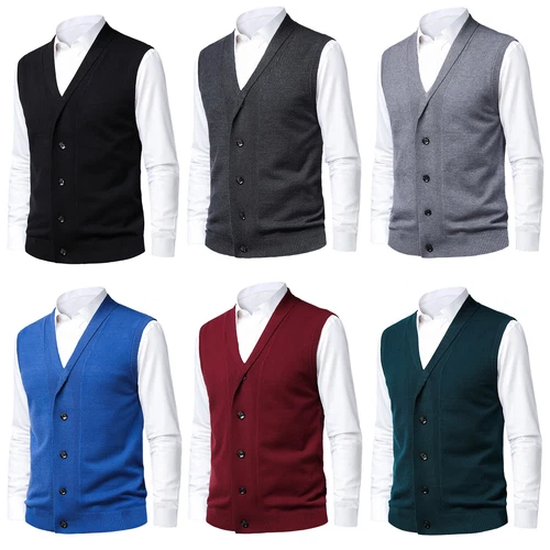 Herren Schalkragen Strickweste Ärmellose Pullunder V-Ausschnitt Business Weste - Bild 3 von 30