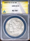 1890-CC $1 Silver Morgan Dollar AU 50 ANACS # 7491917 + Bonus
