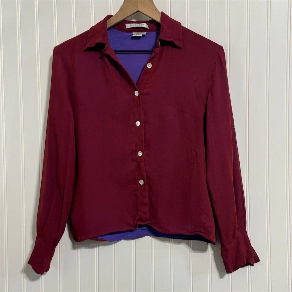 Utility 100% Silk Blouse L Burgundy Wine Red ButtonUp Shirt Dark Academia Luxury - Image 3 of 4