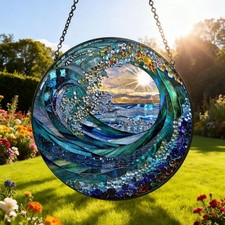 Ocean Wave Stained Glass Suncatcher, Beach Coastal Window Hanging Gift